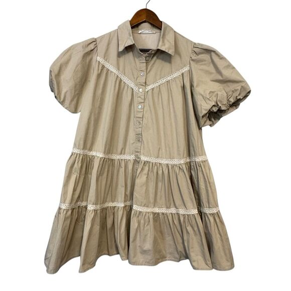 Women's In The Beginning Beige Button-Up Collared Dress with Puff Sleeves - Picture 1 of 9
